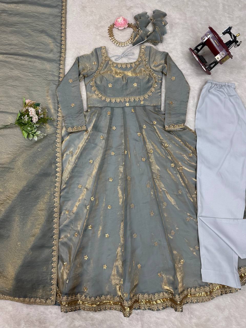 Fancy Silk Gown Set with Dupatta