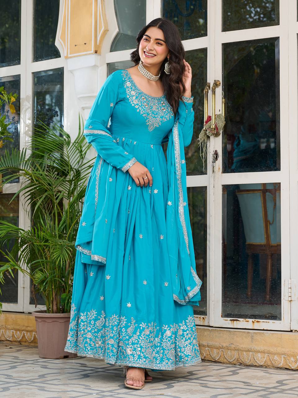 Silk Gown Set with Thread & Sequin Work