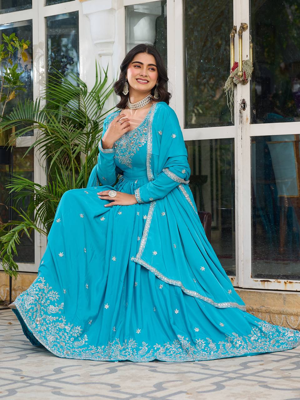 Silk Gown Set with Thread & Sequin Work