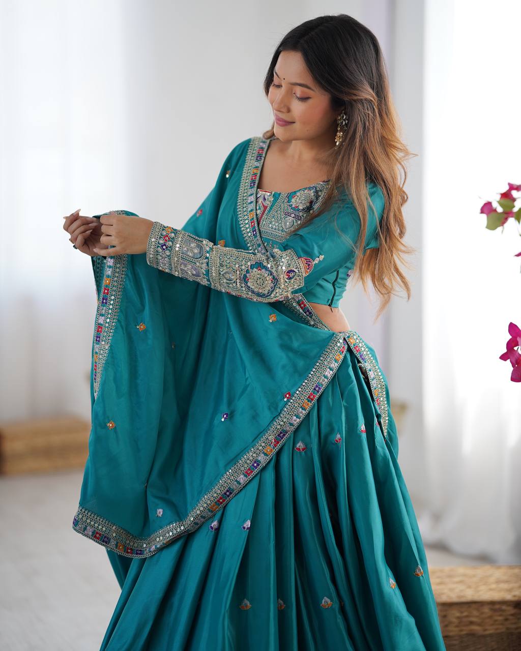 Silk Lehenga Set with Coding Dori, Thread & Sequin Work