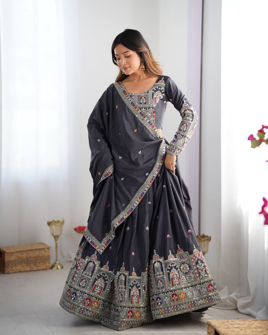 Silk Lehenga Set with Coding Dori, Thread & Sequin Work