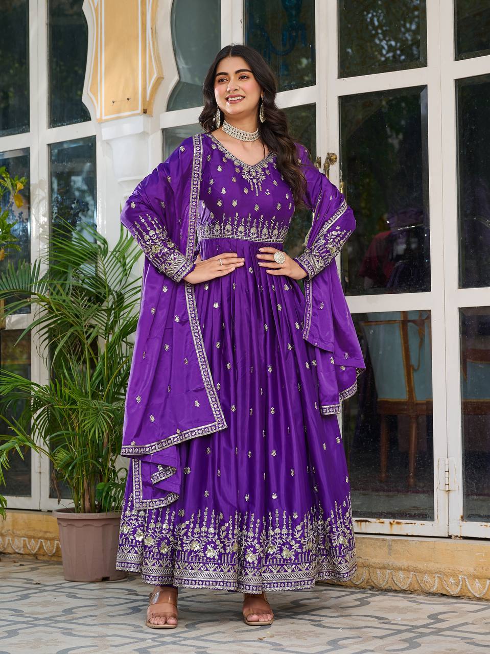 Silk Gown Set with Thread & Sequin Work