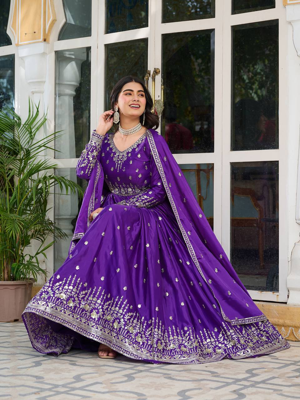 Silk Gown Set with Thread & Sequin Work