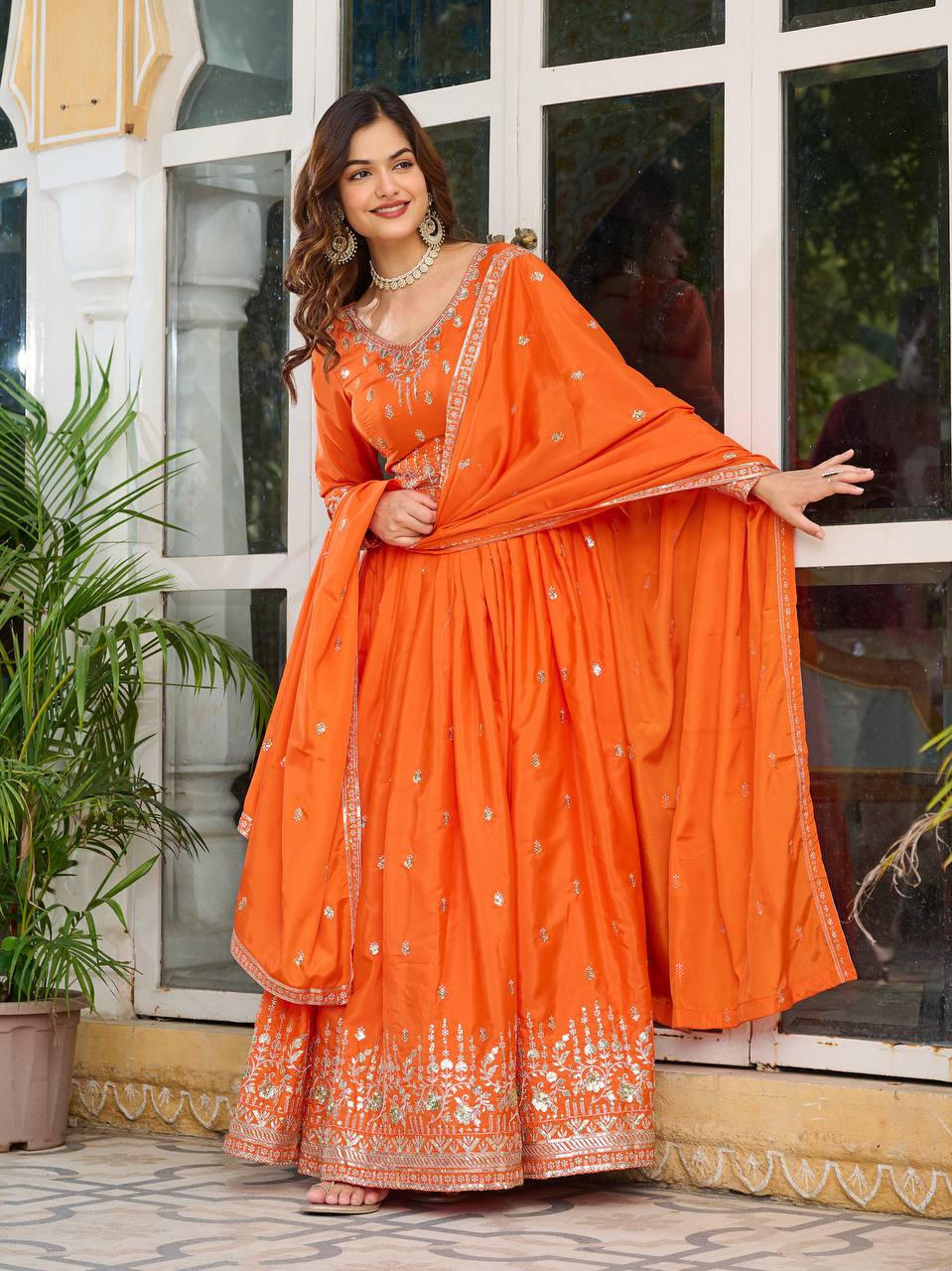 Silk Gown Set with Thread & Sequin Work