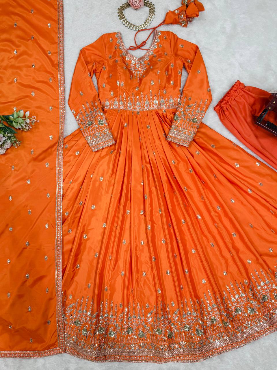 Silk Gown Set with Thread & Sequin Work