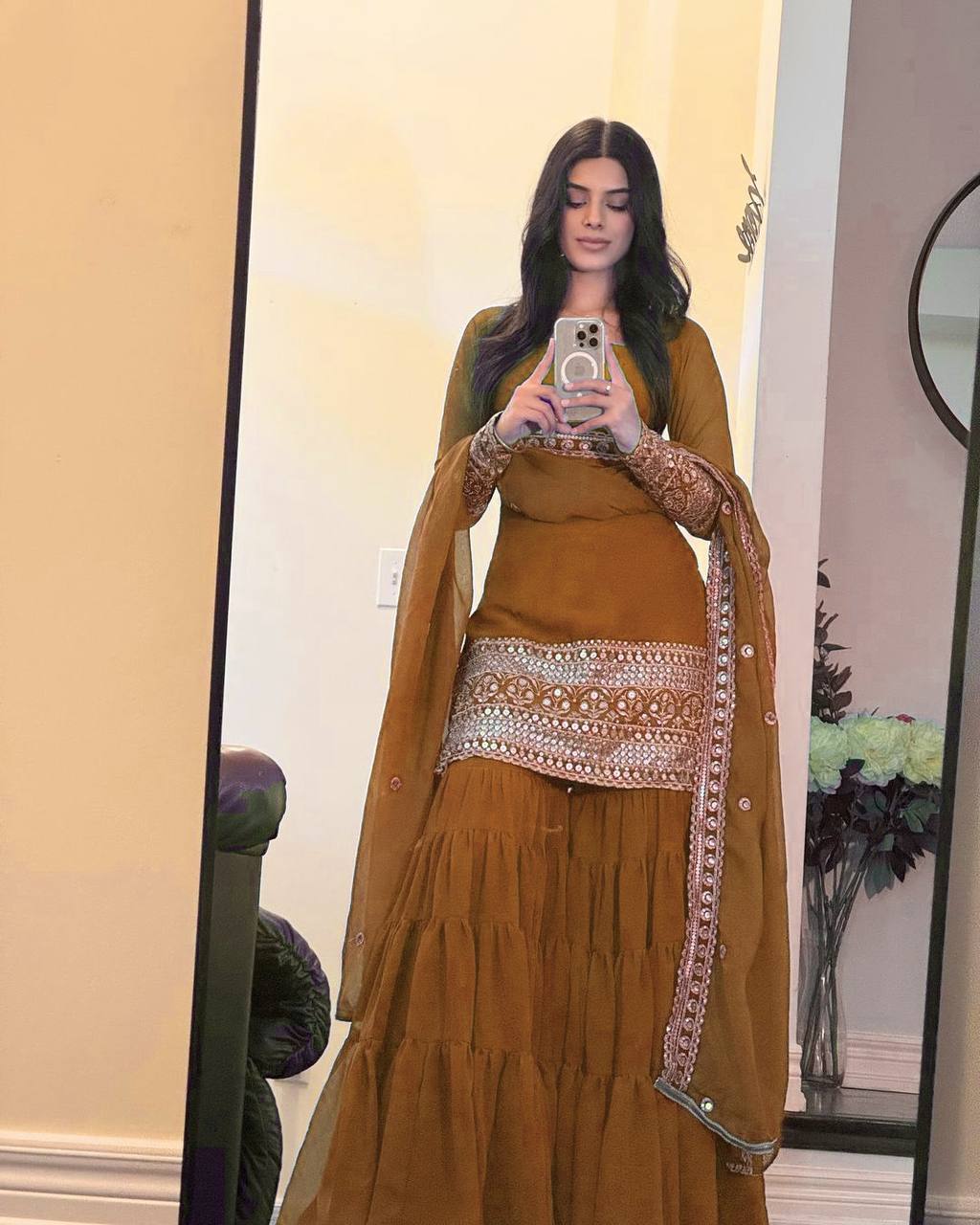Georgette Sharara Set with Sequin Embroidery & Net Dupatta