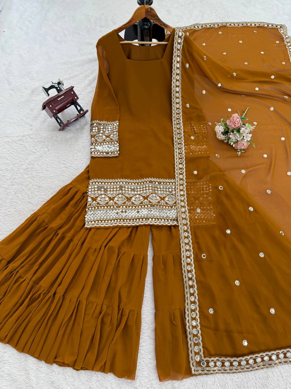 Georgette Sharara Set with Sequin Embroidery & Net Dupatta