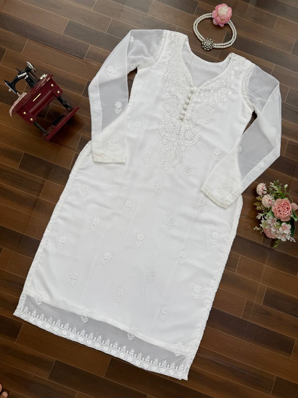 Georgette One-Piece Long Top with Thread Work