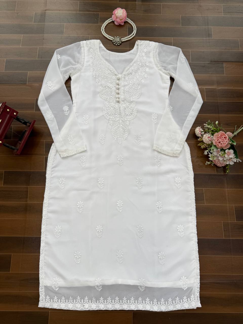 Georgette One-Piece Long Top with Thread Work