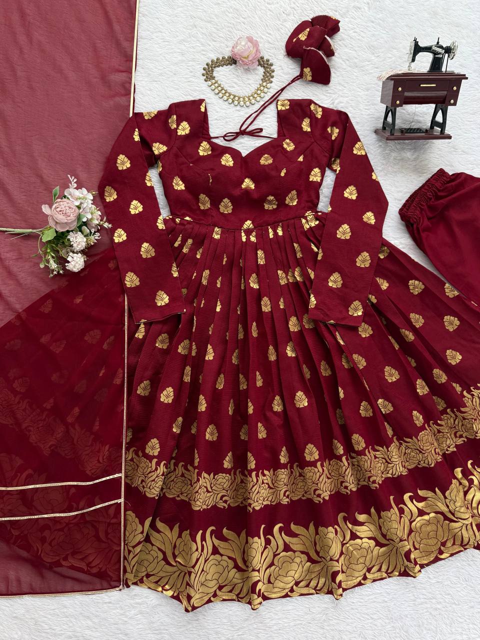 Jacquard Weaving Anarkali with Micro Cotton Pant & Georgette Dupatta