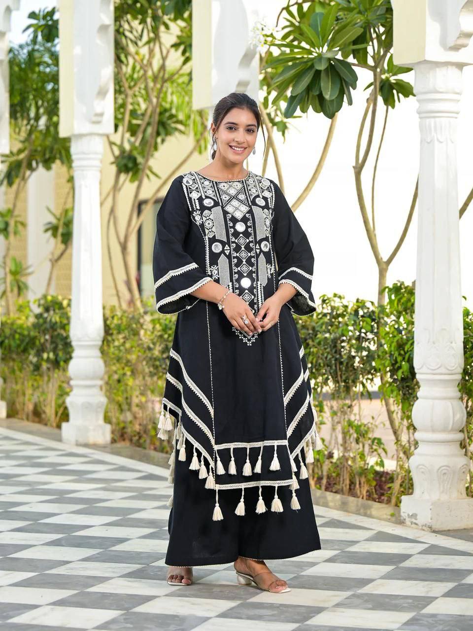 Rayon Cotton 2-Piece Set with Real Mirror Work & Fancy Lace Detailing