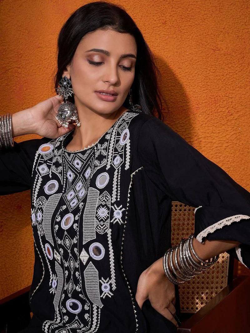 Rayon Cotton 2-Piece Set with Real Mirror Work & Fancy Lace Detailing