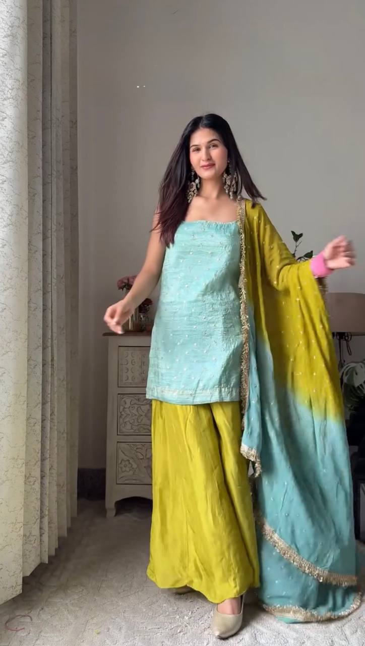 Chinon Silk Top with Plazo & Sequins Work Dupatta