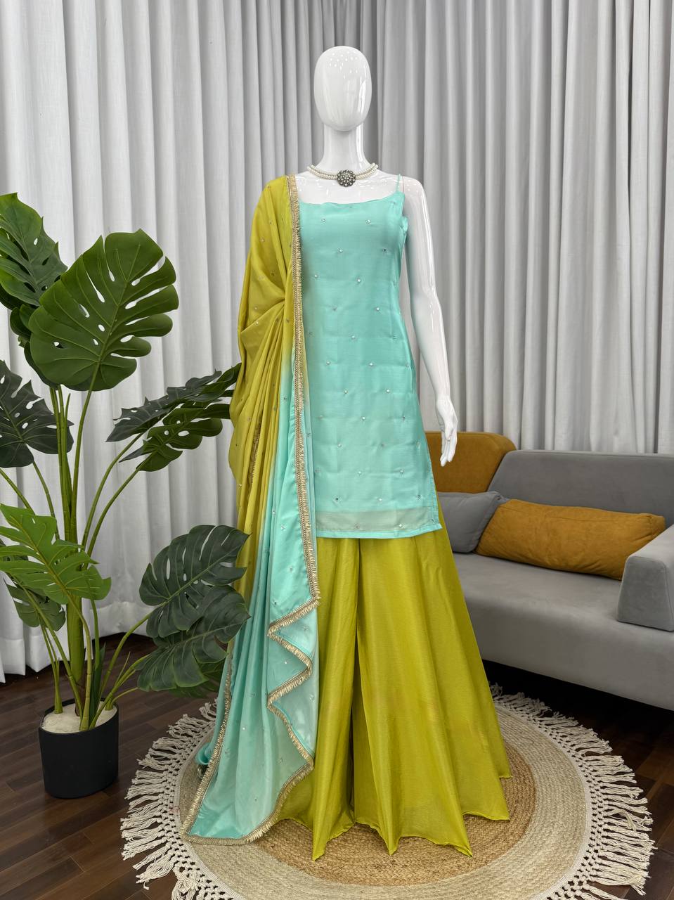 Chinon Silk Top with Plazo & Sequins Work Dupatta