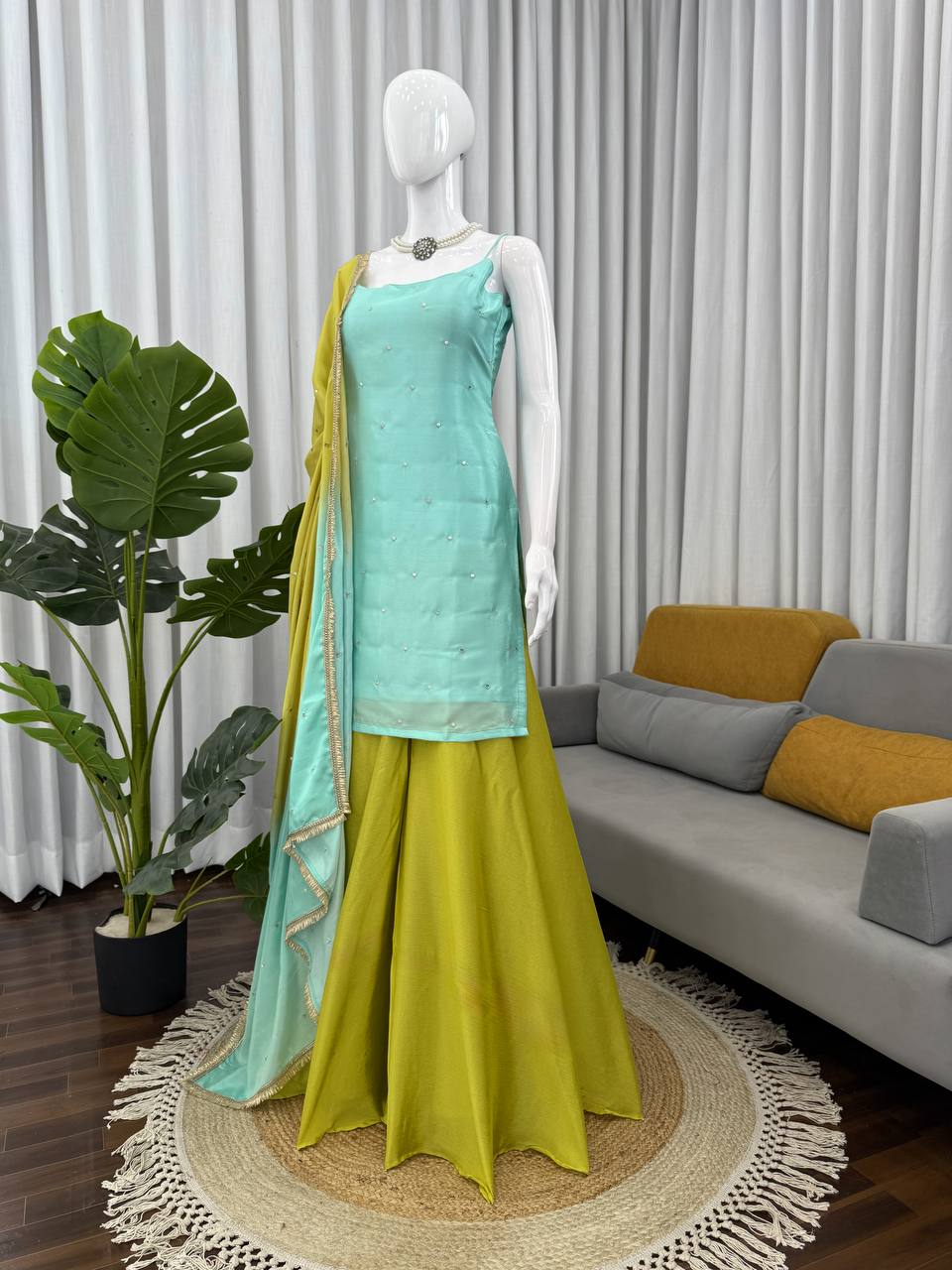 Chinon Silk Top with Plazo & Sequins Work Dupatta