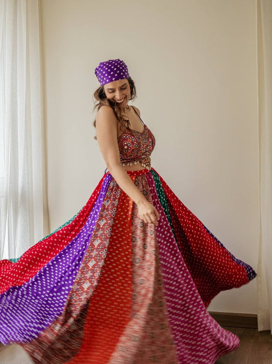 Lehenga with Digital Print & Gamthi Mirror Work Blouse