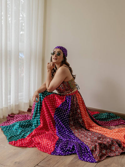 Lehenga with Digital Print & Gamthi Mirror Work Blouse