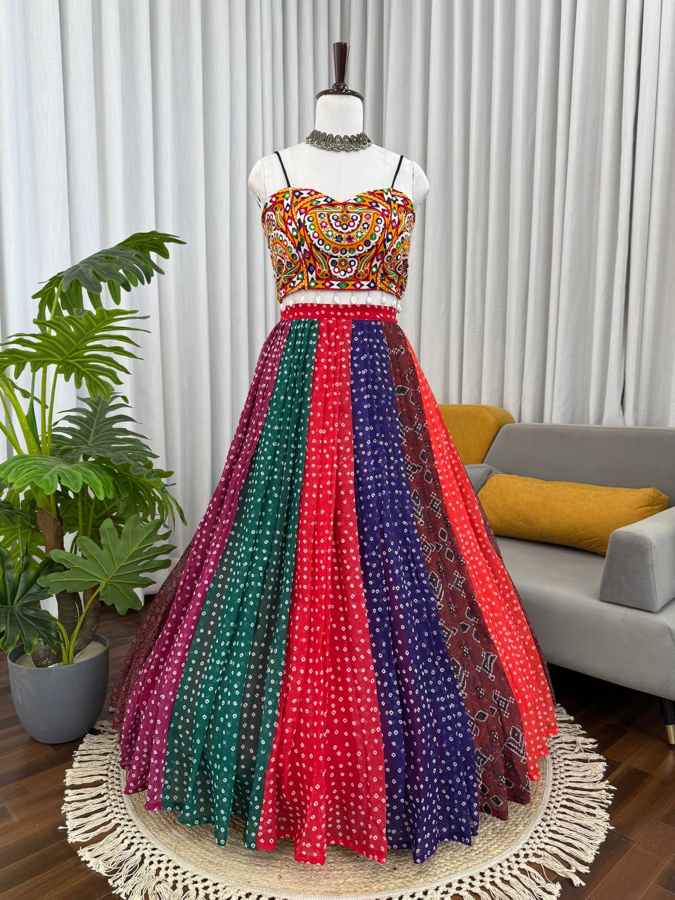 Lehenga with Digital Print & Gamthi Mirror Work Blouse