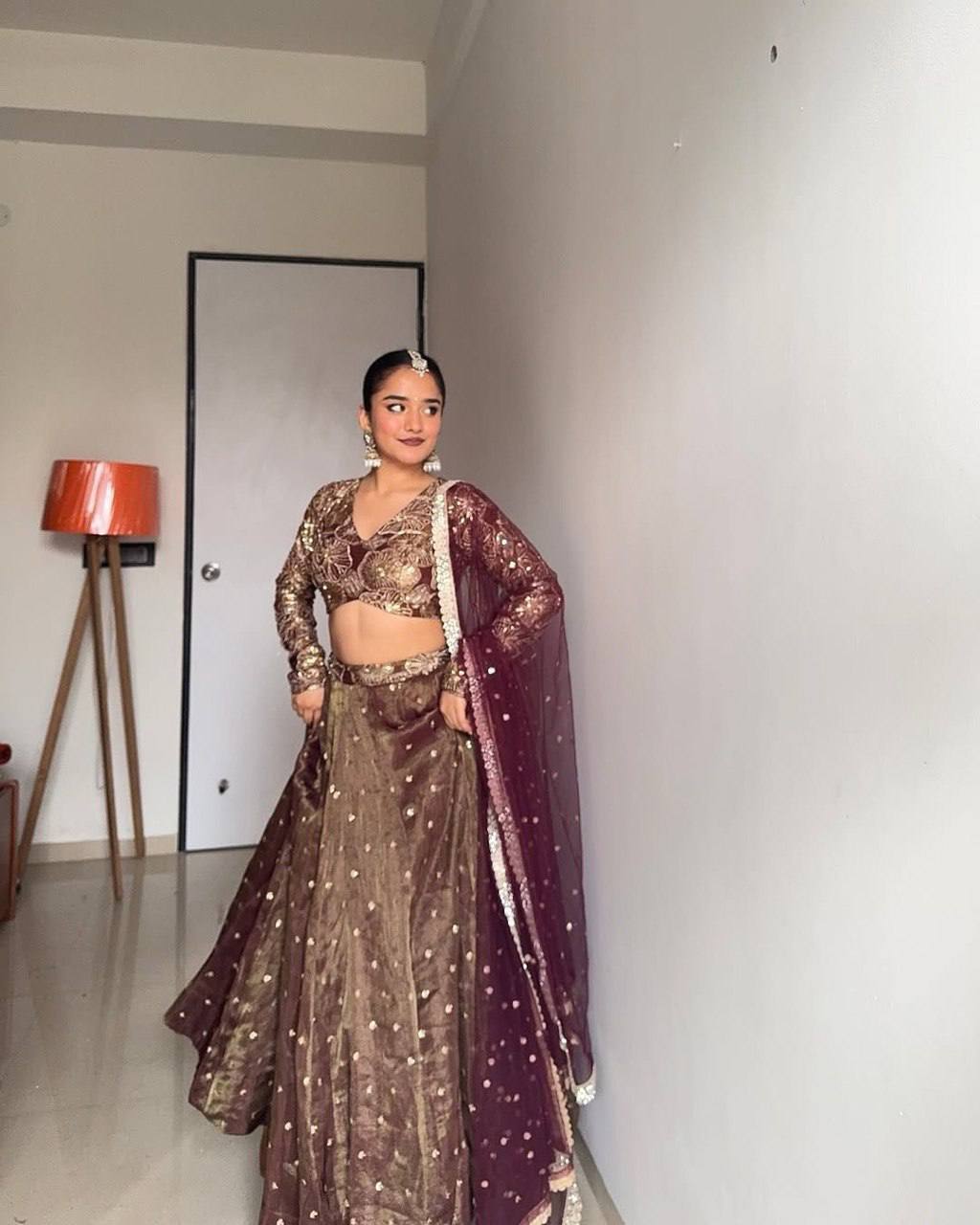 Jimi Choo Sequin Embroidered Semi-Stitched Lehenga with Butterfly Net Dupatta
