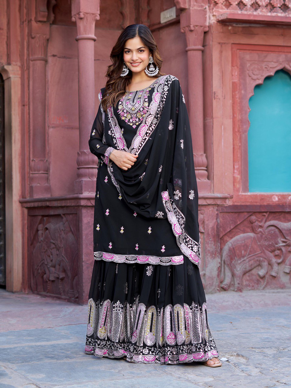 Georgette Sharara Set with Thread & Sequin Work
