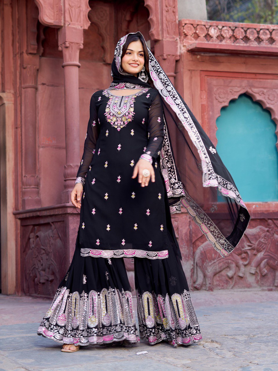 Georgette Sharara Set with Thread & Sequin Work