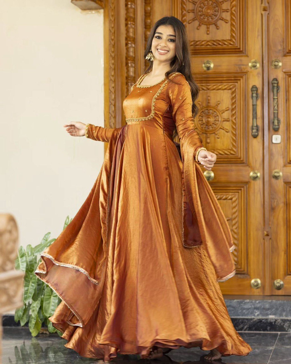 Silk Suit with Sequins & Four-Side Lace Dupatta