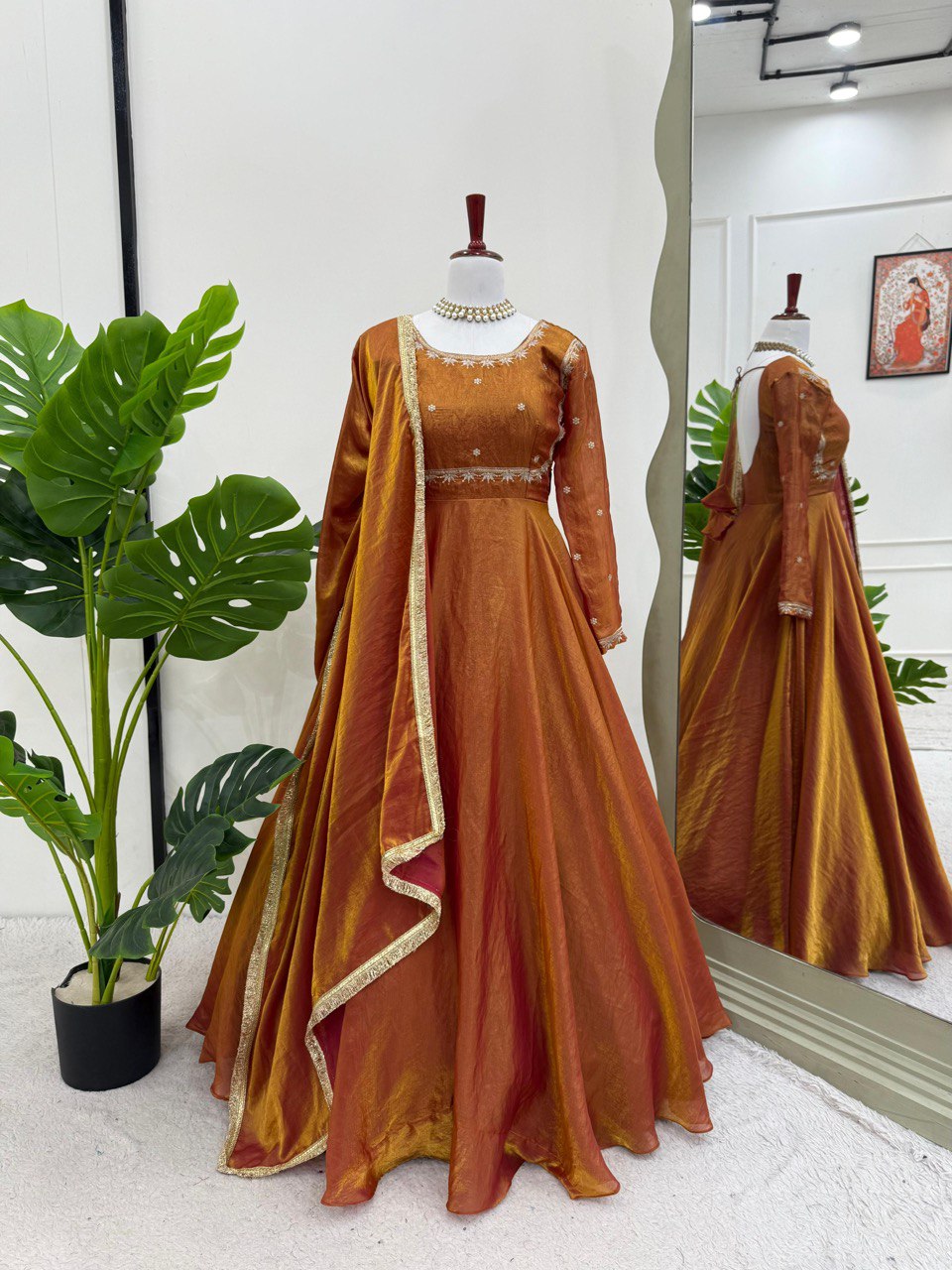 Silk Suit with Sequins & Four-Side Lace Dupatta