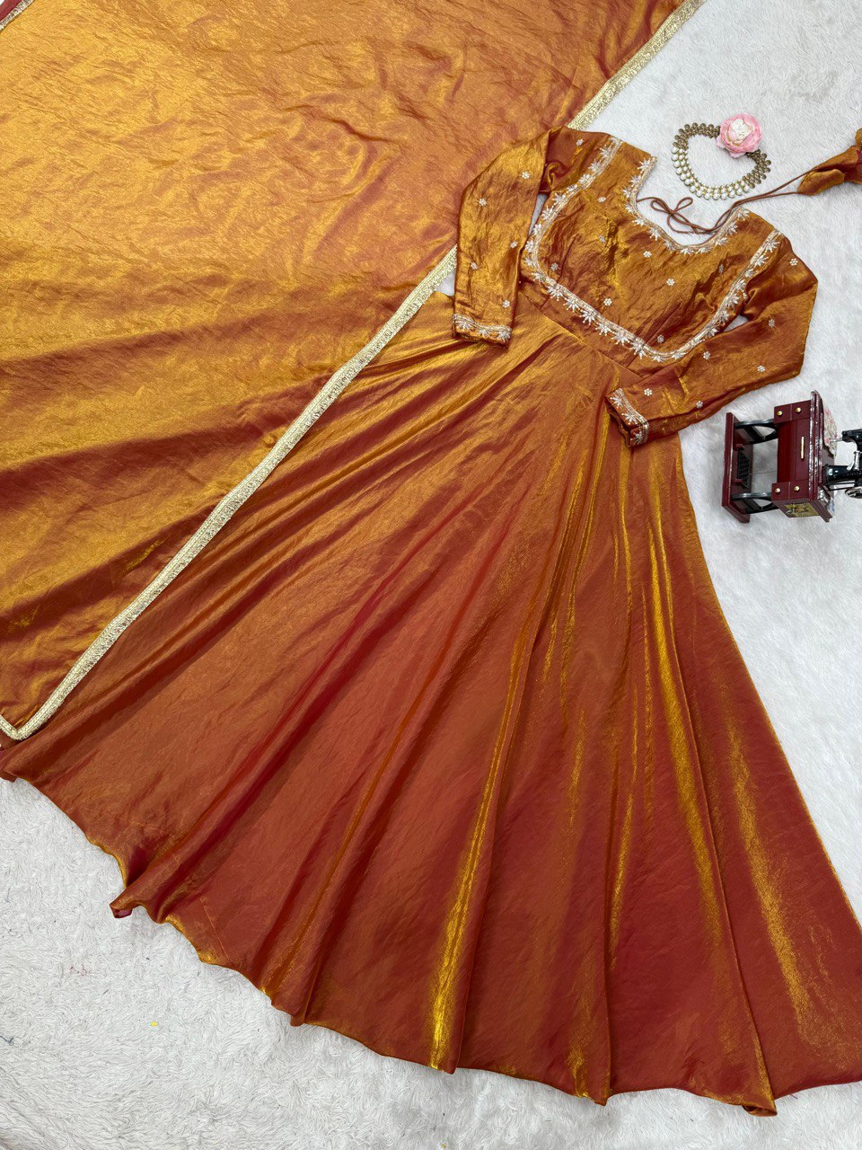 Silk Suit with Sequins & Four-Side Lace Dupatta