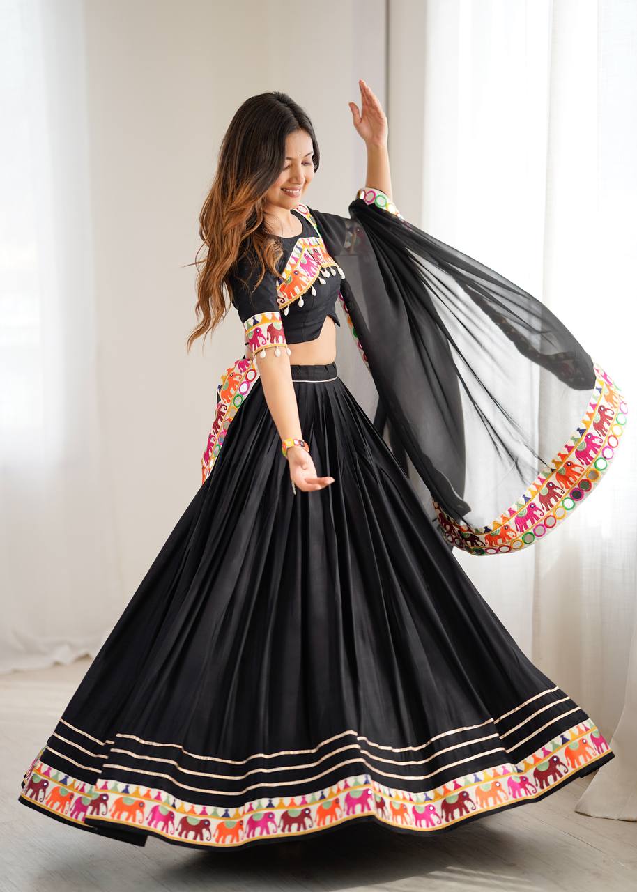 Heavy Rayon Lehenga Choli with Mirror & Tassel Work and Gamthi Lace Dupatta
