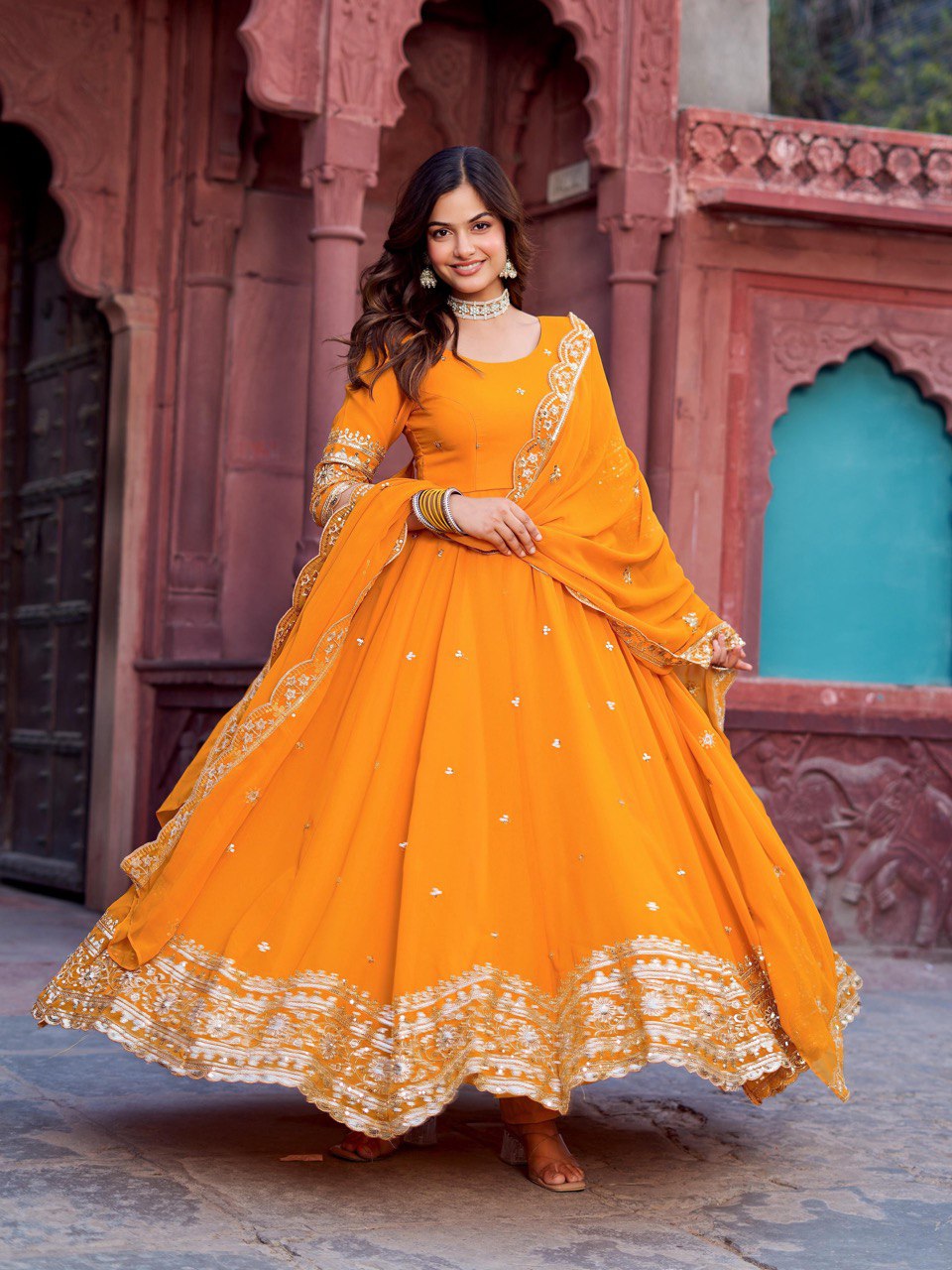 Georgette Gown Set with Front & Back Embroidery