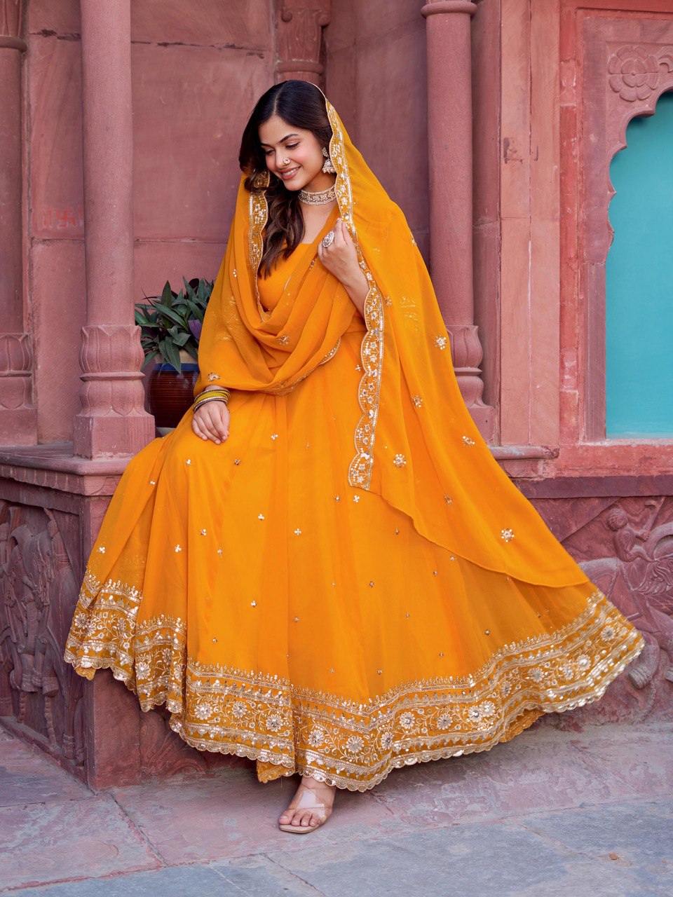 Georgette Gown Set with Front & Back Embroidery