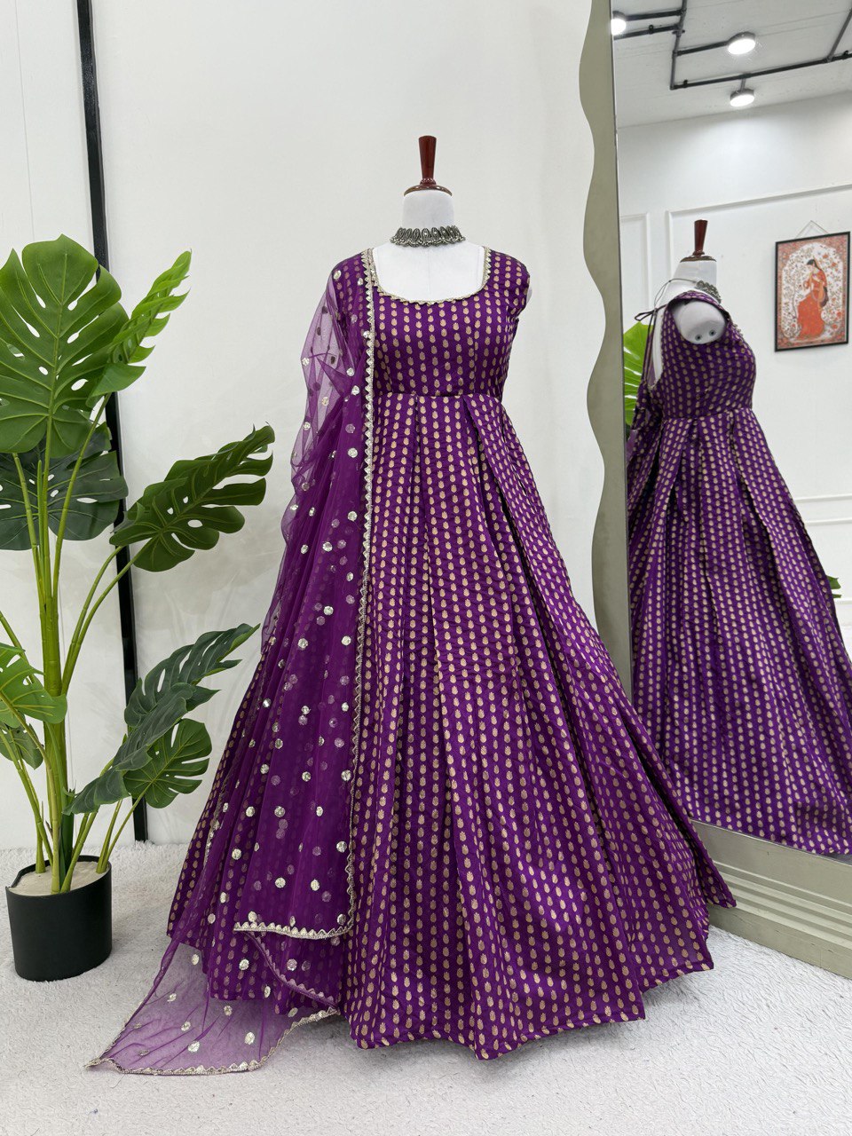 Jacquard Silk Suit Set with Sequin Dupatta