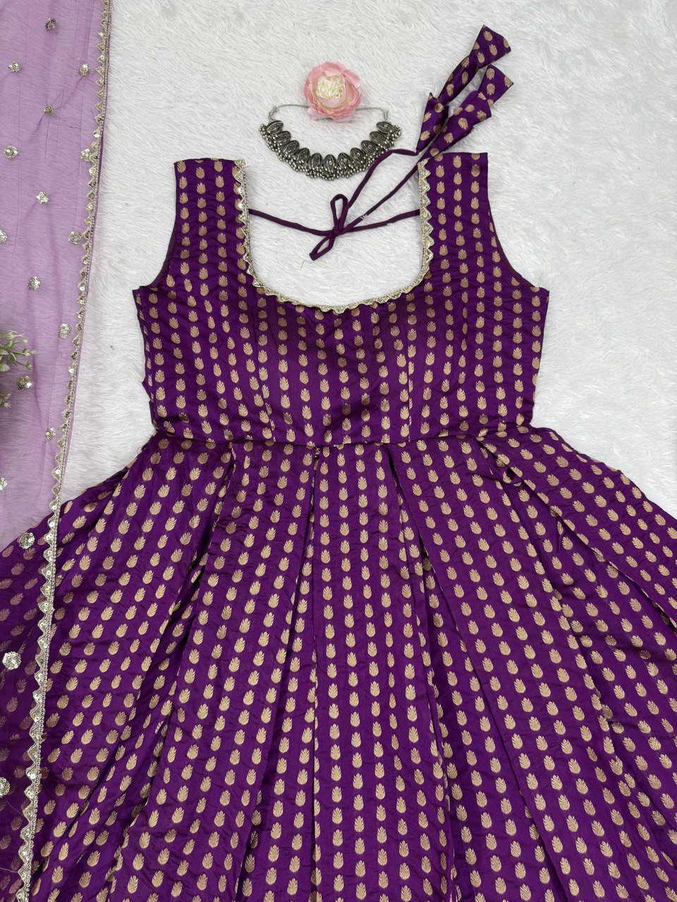 Jacquard Silk Suit Set with Sequin Dupatta