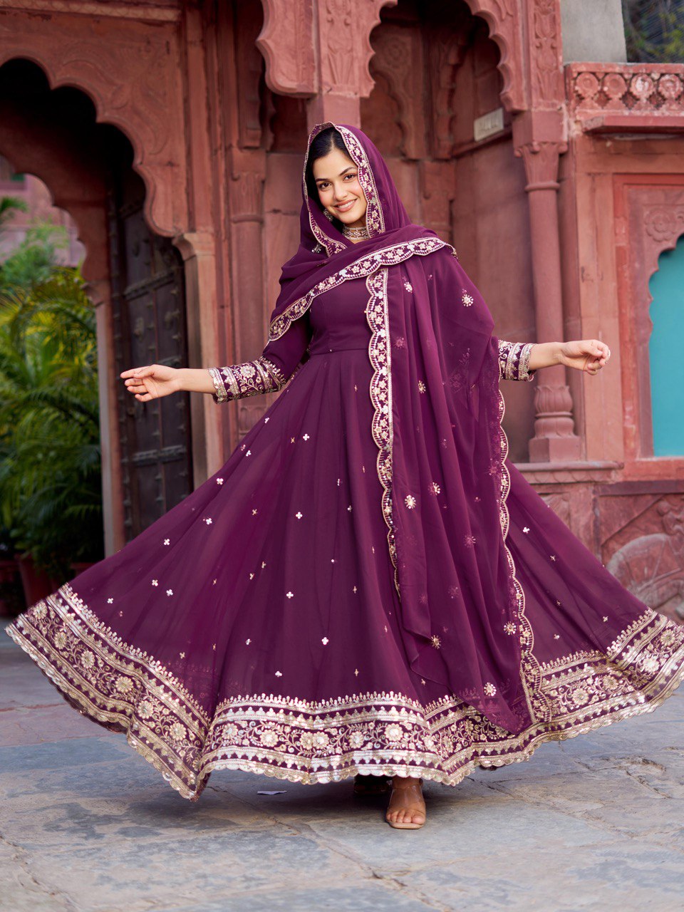 Georgette Gown Set with Front & Back Embroider