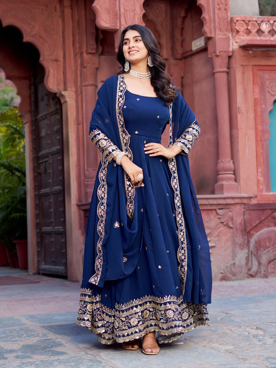 Georgette Gown Set with Front & Back Embroidery