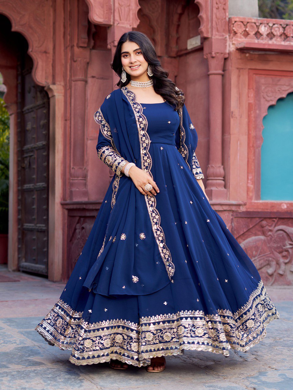 Georgette Gown Set with Front & Back Embroidery