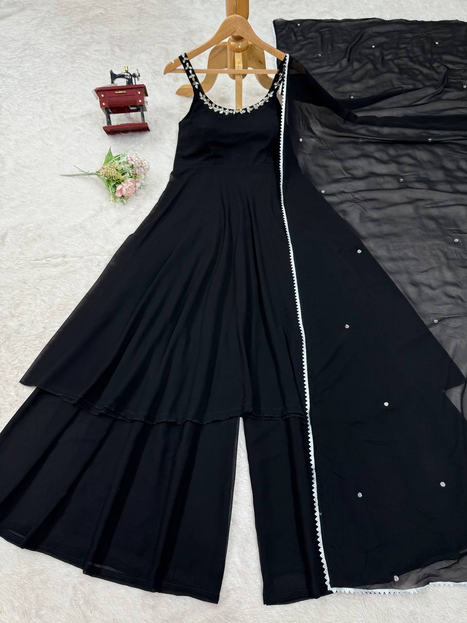 Georgette Mirror Work Suit Set with Plazo & Dupatta