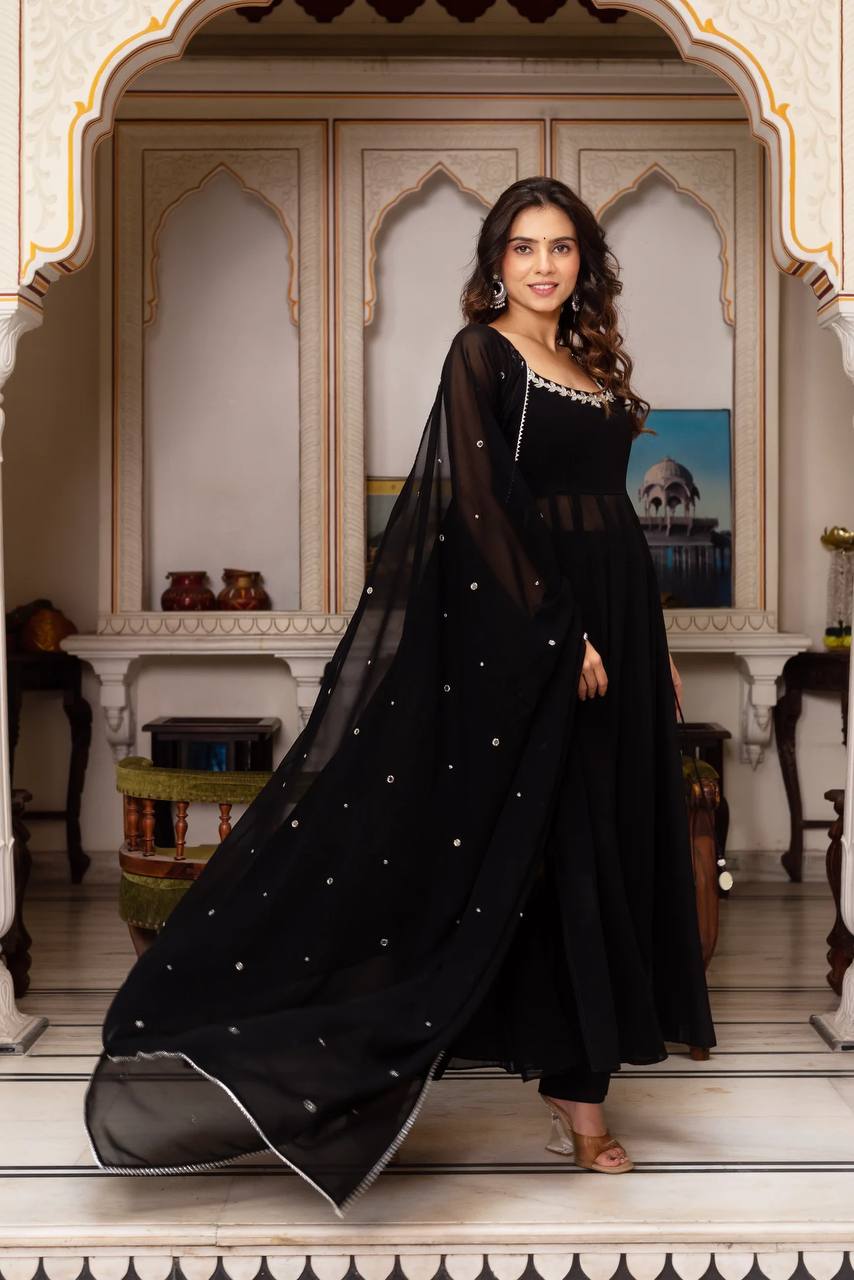 Georgette Mirror Work Suit Set with Plazo & Dupatta