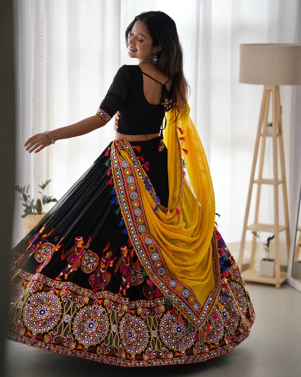 Georgette Lehenga Set with Original Mirror & Chain-Stitch Embroidery