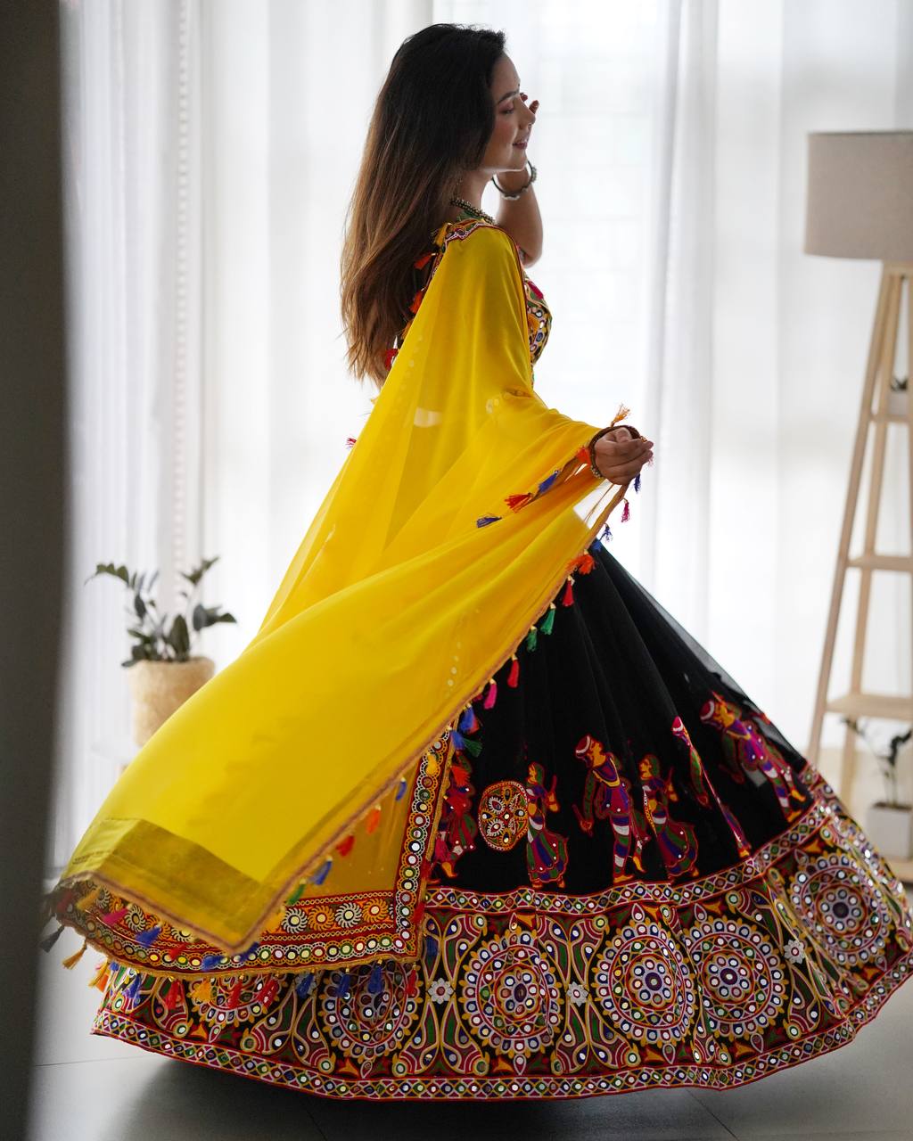 Georgette Lehenga Set with Original Mirror & Chain-Stitch Embroidery