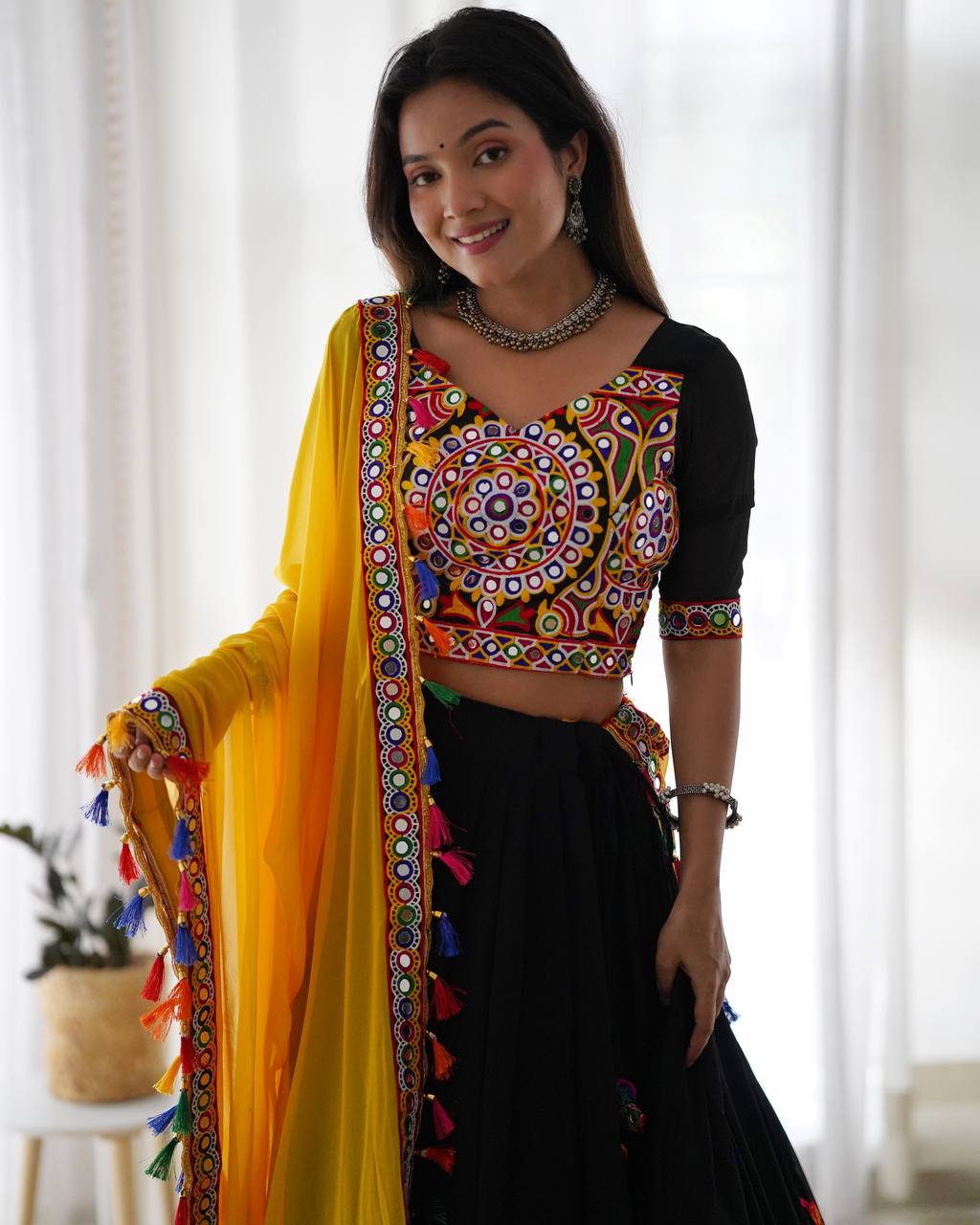 Georgette Lehenga Set with Original Mirror & Chain-Stitch Embroidery