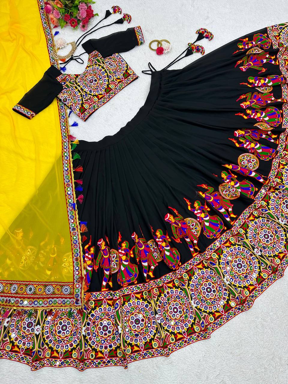 Georgette Lehenga Set with Original Mirror & Chain-Stitch Embroidery