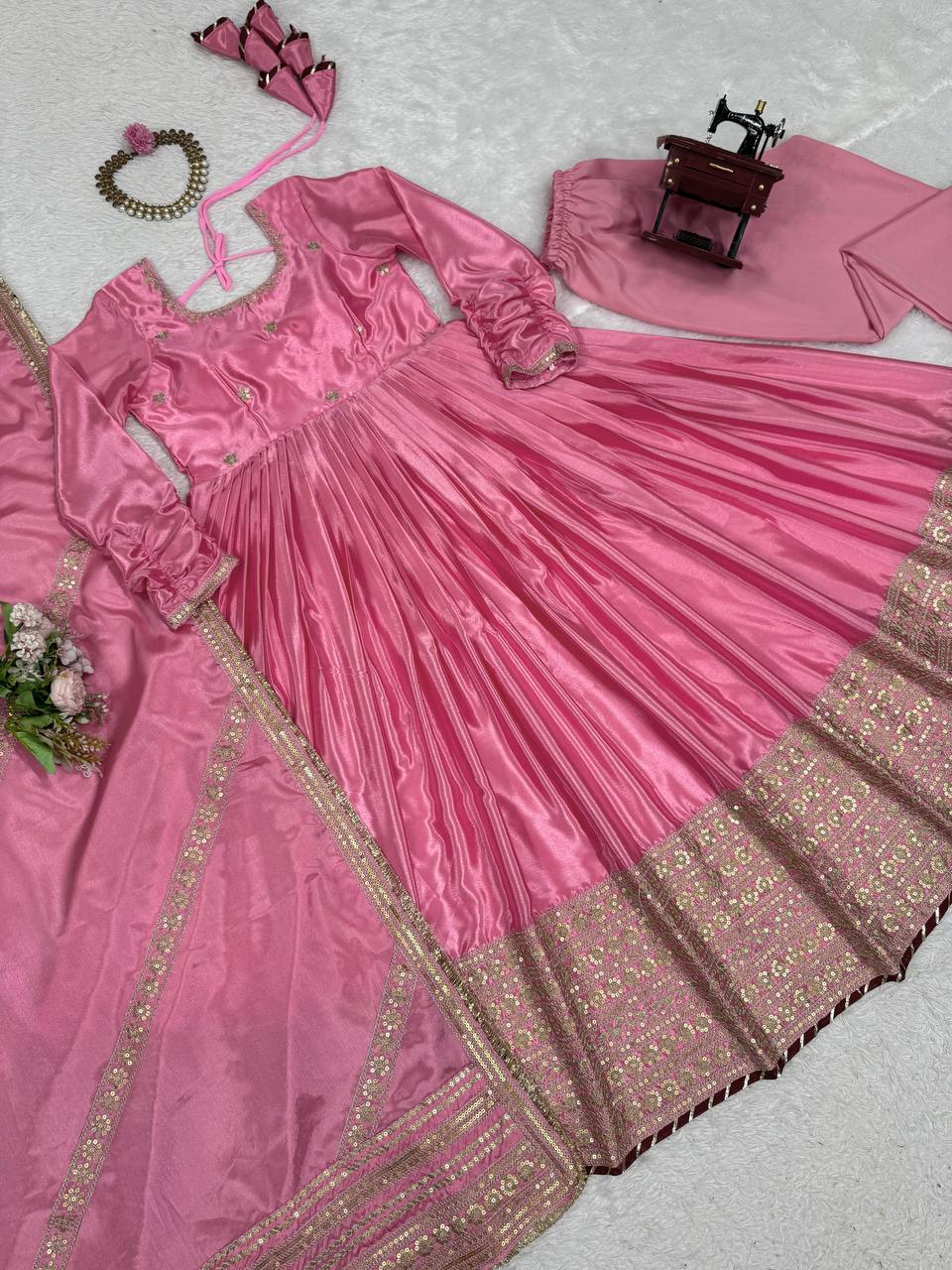 Thread & Sequin Work Suit Set with Dupatta and Pant