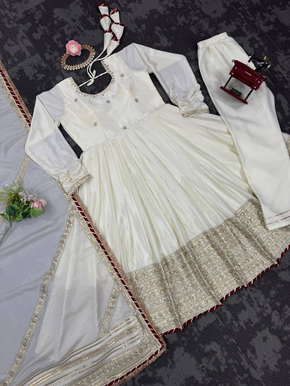 Chinon Thread & Sequin Work Suit Set with Dupatta and Pant
