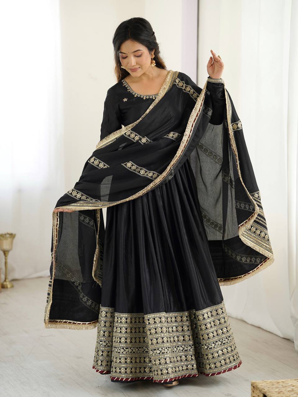 Chinon Silk Gown Set with Thread & Sequin Work