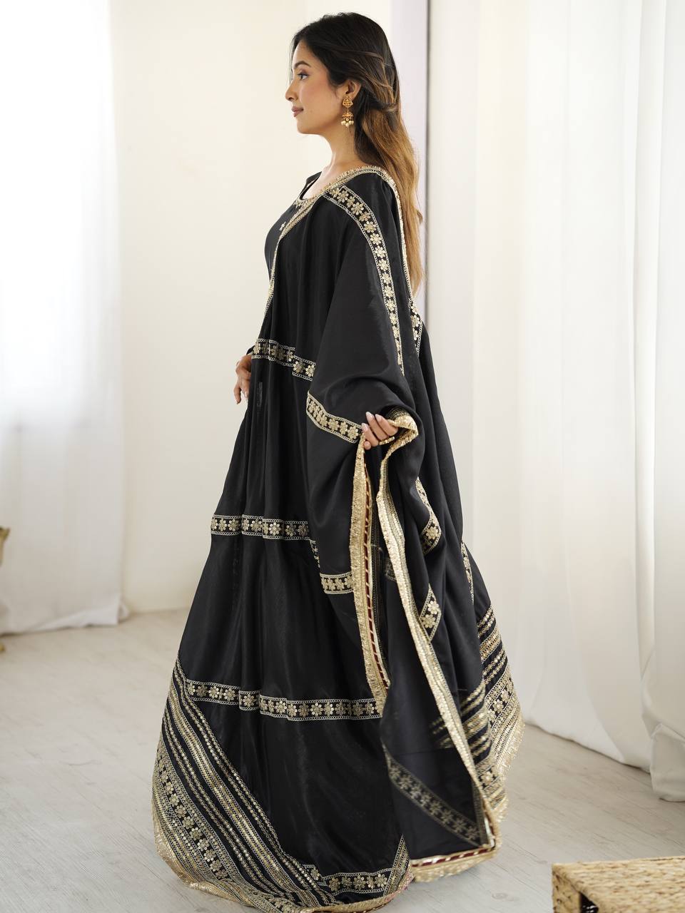 Chinon Silk Gown Set with Thread & Sequin Work