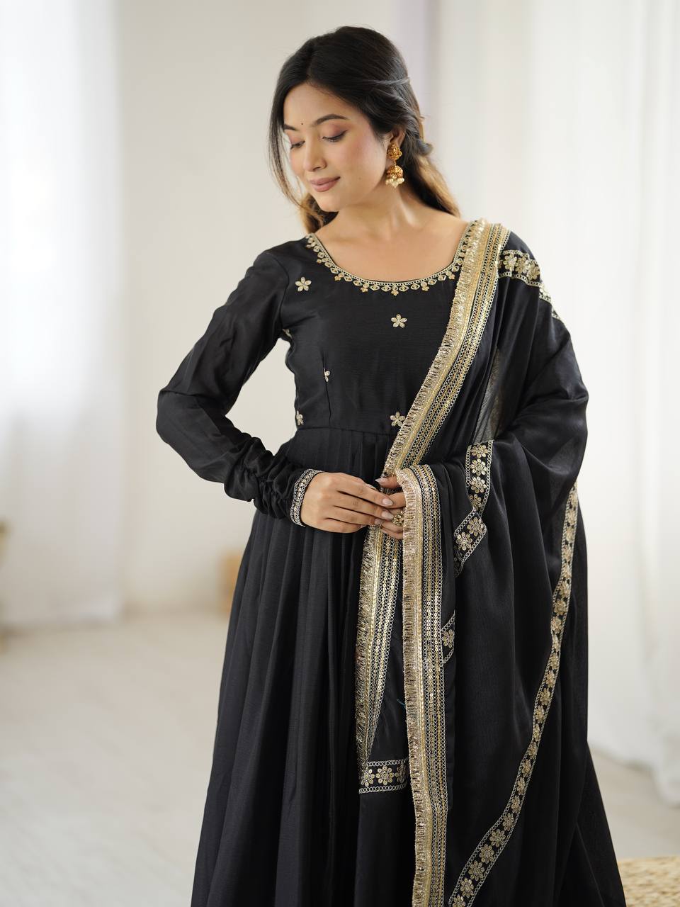 Chinon Silk Gown Set with Thread & Sequin Work