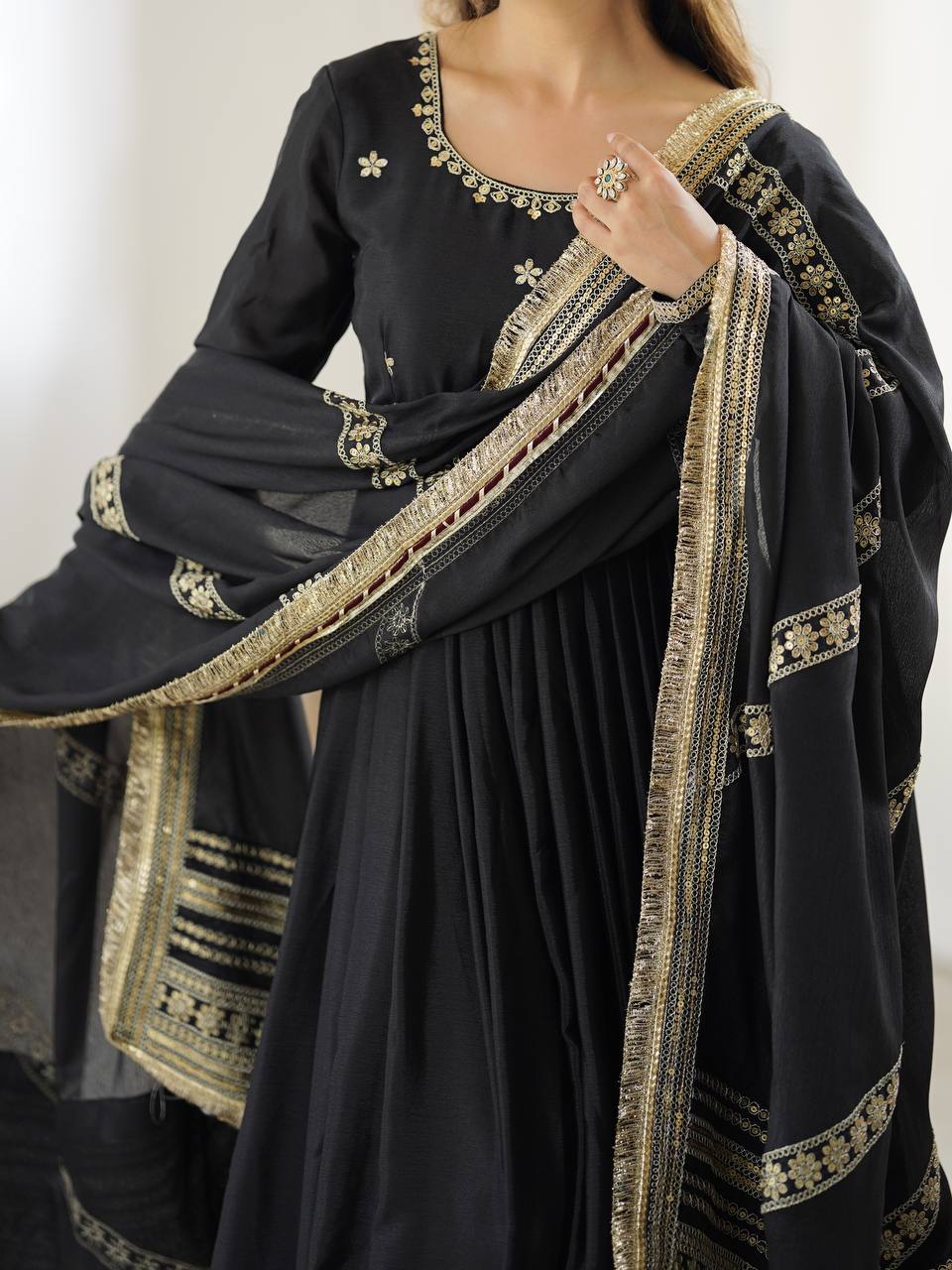 Chinon Silk Gown Set with Thread & Sequin Work