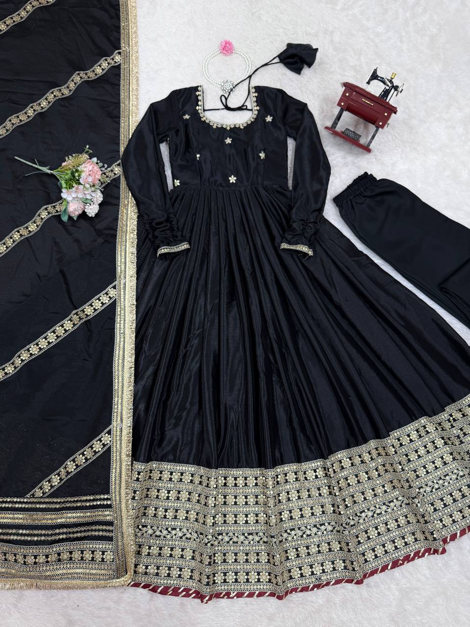 Chinon Silk Gown Set with Thread & Sequin Work