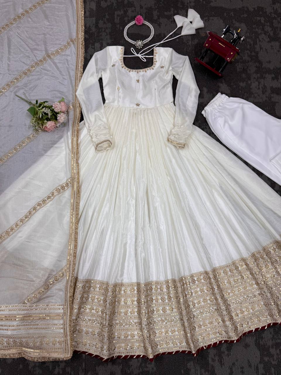 Chinon Silk Gown Set with Thread & Sequin Work